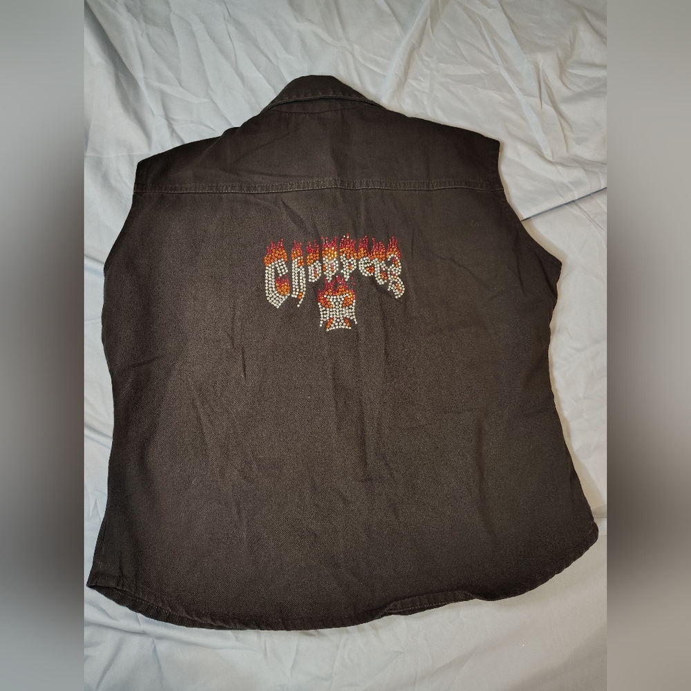 Black Sleeveless 100% Cotton Vest With Rhinestone CHOPPER on Back Size Small